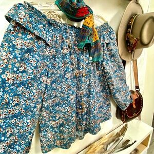 Off the shoulder ruffled exaggerated sleeves boho blouse prairie farmhouse vibe